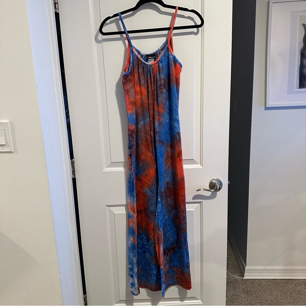 NY Invasion Cami Jumpsuit Romper in Blue/Red Tie-Dye Spandex